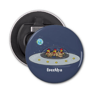 Funny chickens in space cartoon illustratie button flesopener