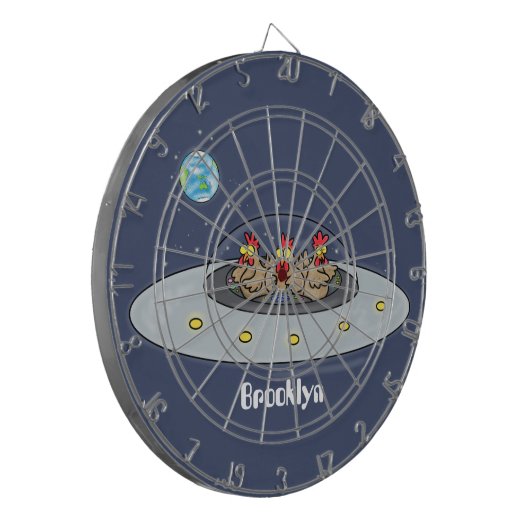 Funny chickens in space cartoon illustratie dartbord (Voorkant Links)