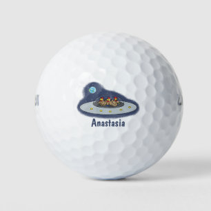 Funny chickens in space cartoon illustratie golfballen
