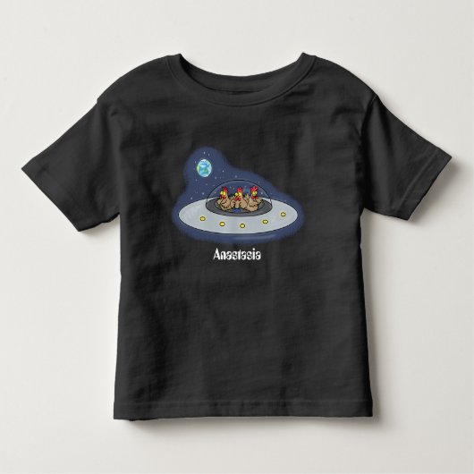 Funny chickens in space cartoon illustratie kinder shirts (Voorkant)