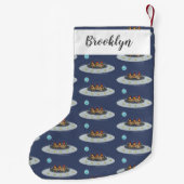 Funny chickens in space cartoon illustratie kleine kerstsok (Achterkant)