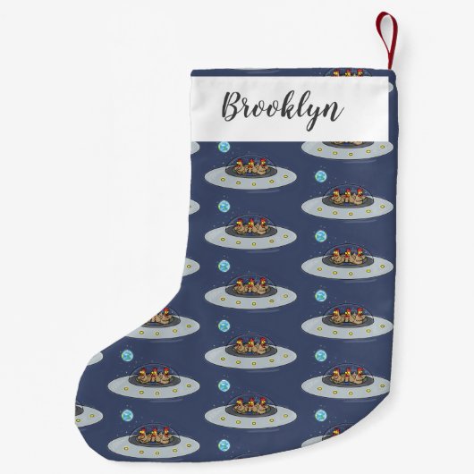 Funny chickens in space cartoon illustratie kleine kerstsok (Achterkant)