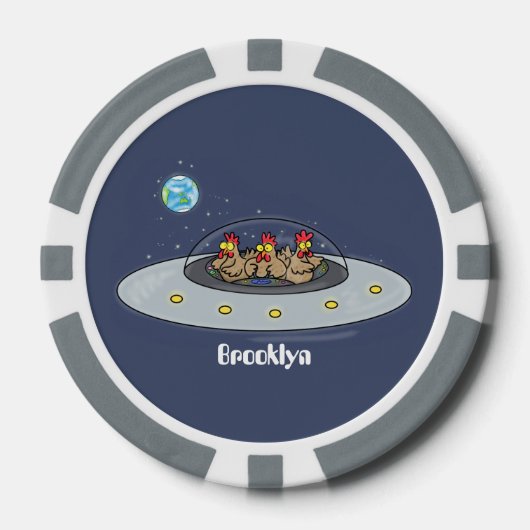 Funny chickens in space cartoon illustratie poker chips (Voorkant)
