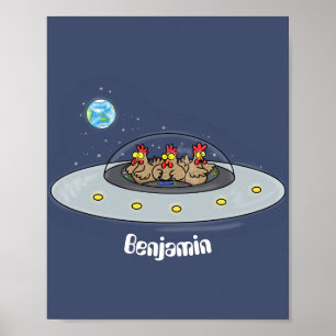 Funny chickens in space cartoon illustratie poster