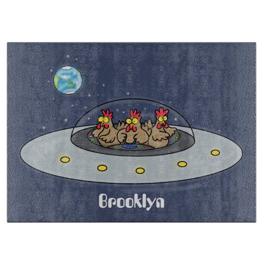 Funny chickens in space cartoon illustratie snijplank (Voorkant)