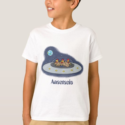 Funny chickens in space cartoon illustratie t-shirt (Voorkant)