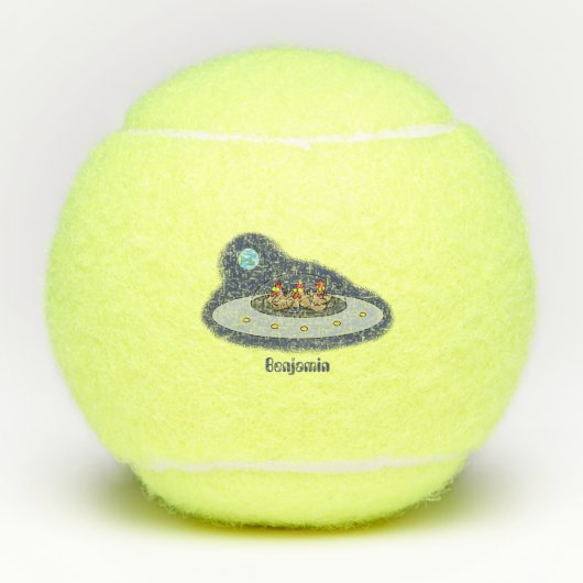 Funny chickens in space cartoon illustratie tennisballen (Voorkant)
