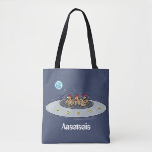 Funny chickens in space cartoon illustratie tote bag