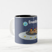 Funny chickens in space cartoon illustratie tweekleurige koffiemok (Voorkant links)
