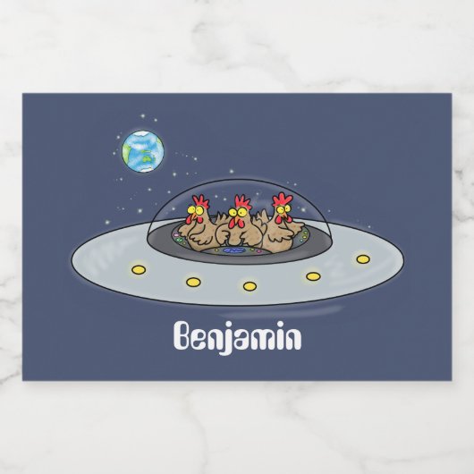 Funny chickens in space cartoon illustratie voedselcontainer etiket (Enkel label)