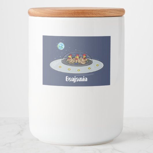 Funny chickens in space cartoon illustratie voedselcontainer etiket (Voorkant)