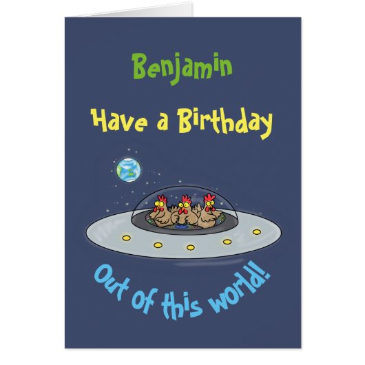 Funny chickens in space cartoon verjaardagskaart (Voorkant)