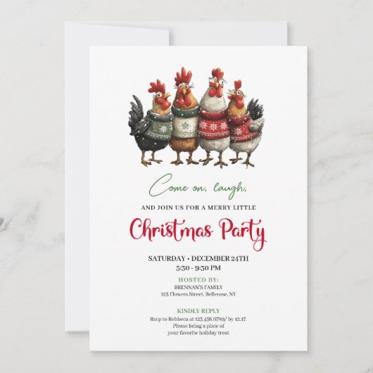 Funny Chickens Minimalist Red Green Holiday Invite Kaart (Voorkant)