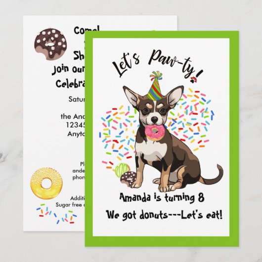 Funny Chihuaha Donuts Birthday Party Invitation Kaart (Voorkant / Achterkant)