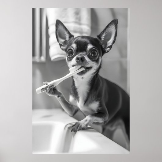 Funny Chihuahua Bathroom Art Print, Brushing Teeth Poster (Voorkant)