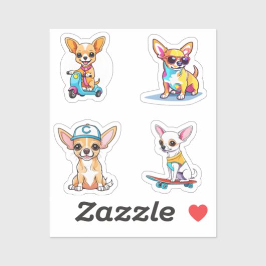 Funny Chihuahua Cartoon Art 4 Pack Stickers (Vel)