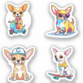 Funny Chihuahua Cartoon Art 4 Pack Stickers (Voorkant)