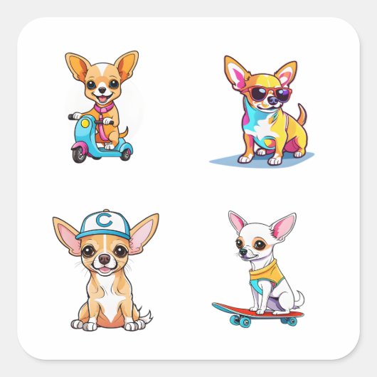 Funny Chihuahua Cartoon Art 4 Pack Stickers (Voorkant)