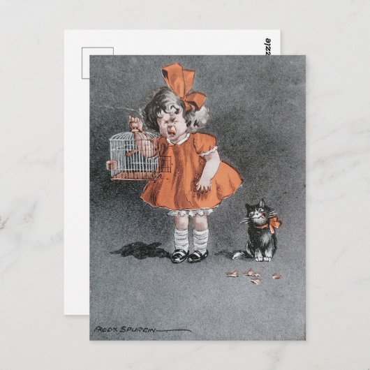 Funny Child and cheeky Cat  antiek Briefkaart (Voorkant / Achterkant)