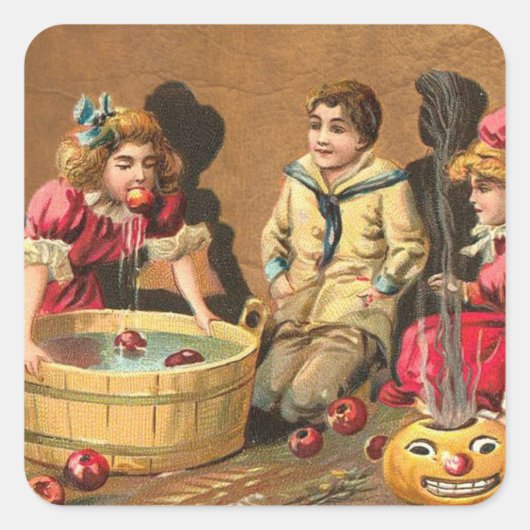  Funny Children Bobbing for Apples op party Vierkante Sticker (Voorkant)