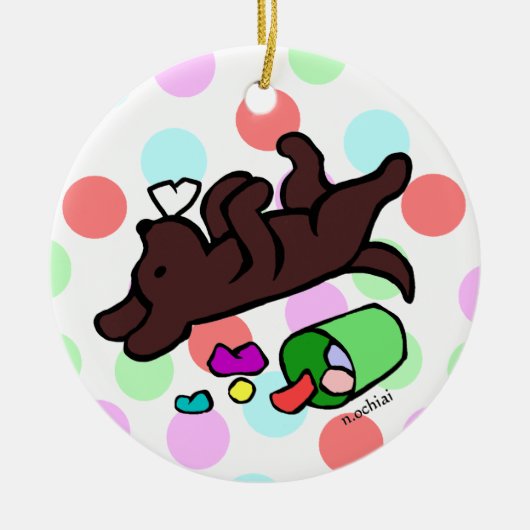 Funny Chocolate Labrador Cartoon Polka Dot Keramisch Ornament (Voorkant)