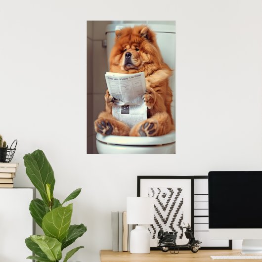 Funny Chow Chow Bathroom Print, Dog Reading Poster (Thuiskantoor)