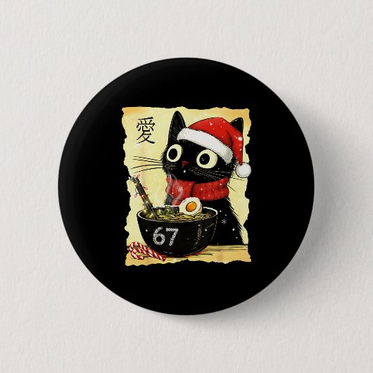 Funny Christmas 67 Six Seven Cat Ramen Japanese Ka Ronde Button 5,7 Cm (Voorkant)