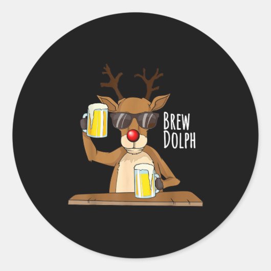 Funny Christmas Alcohol Shirt. Brew Dolph Beer Dri Ronde Sticker (Voorkant)
