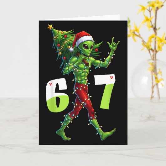 Funny Christmas Alien Six Seven Meme 67 Santa Hat  Kaart (Gele Bloem)