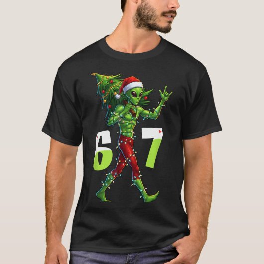 Funny Christmas Alien Six Seven Meme 67 Santa Hat  T-shirt (Voorkant)