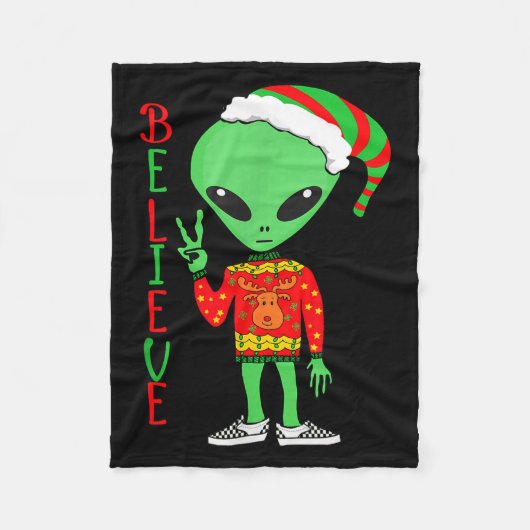 Funny Christmas Alien Ugly Sweater I Believe Santa Fleece Deken (Voorkant)