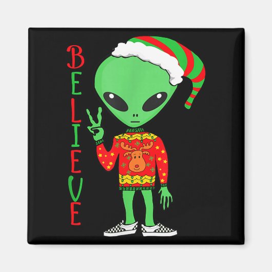 Funny Christmas Alien Ugly Sweater I Believe Santa Magneet (Voorkant)