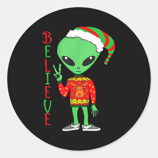 Funny Christmas Alien Ugly Sweater I Believe Santa Ronde Sticker (Voorkant)