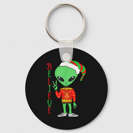 Funny Christmas Alien Ugly Sweater I Believe Santa Sleutelhanger (Voorkant)