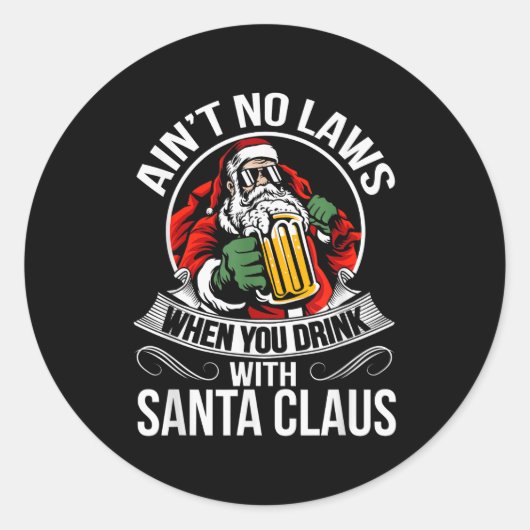Funny Christmas Beer Drinking With Santa Clause Ronde Sticker (Voorkant)