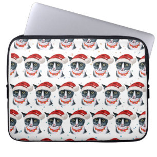 Funny Christmas Black and White Cat Watercolor Laptop Sleeve