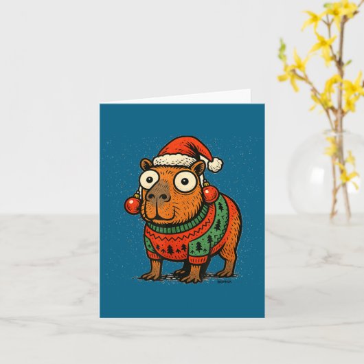 Funny Christmas Capybara With Santa Hat &amp; Swea Kaart (Gele Bloem)