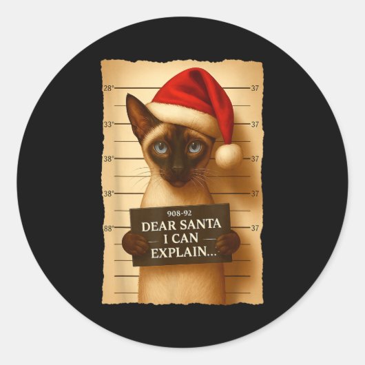 Funny Christmas Cat- Cute Siamese Santa Hat Tee  Ronde Sticker (Voorkant)