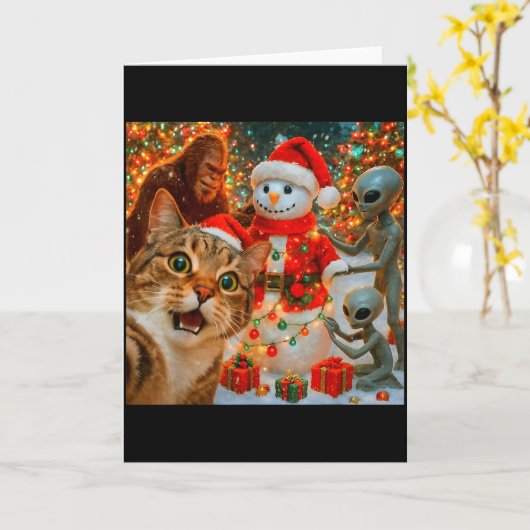 Funny Christmas Cat Selfie With Bigfoot Alien & Kaart (Gele Bloem)