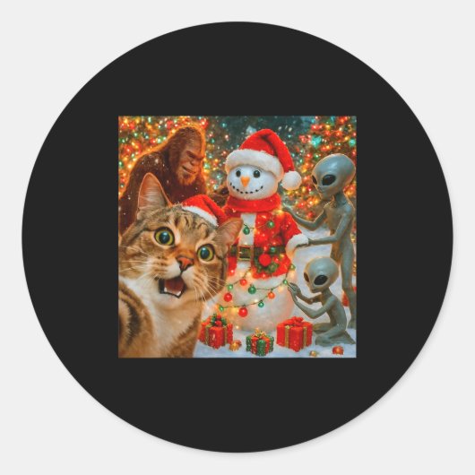 Funny Christmas Cat Selfie With Bigfoot Alien &amp Ronde Sticker (Voorkant)
