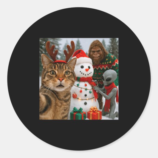 Funny Christmas Cat Selfie With Bigfoot Alien &amp Ronde Sticker (Voorkant)