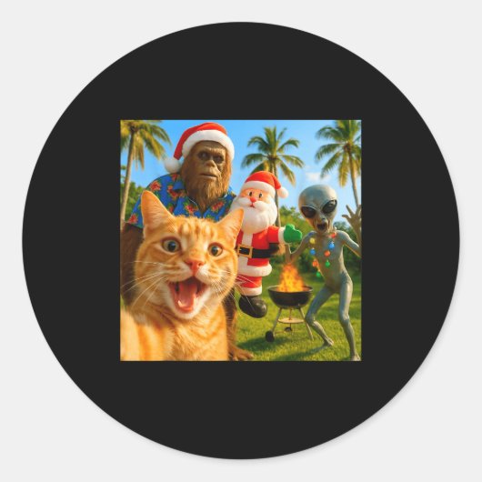 Funny Christmas Cat Selfie With Bigfoot &amp; Alie Ronde Sticker (Voorkant)