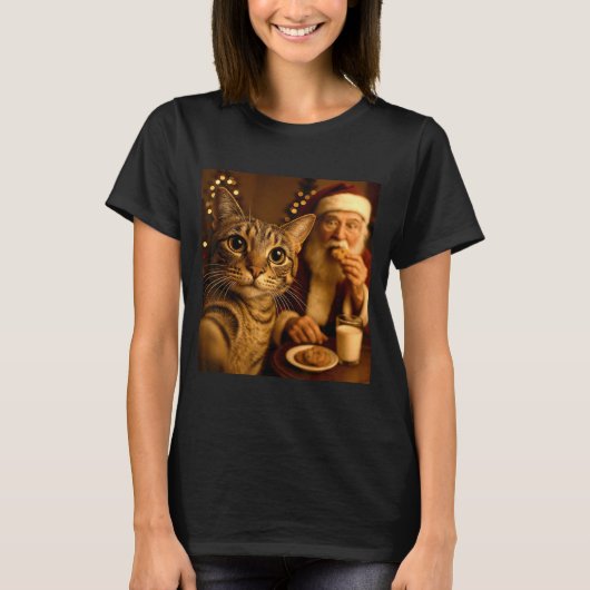 Funny Christmas Cat Selfie With Santa Claus Meme M T-shirt (Voorkant)