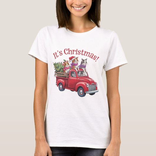 Funny Christmas Cats in Red Truck T-shirt (Voorkant)