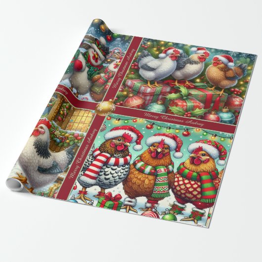Funny Christmas Chickens Wrapping Paper with Text Cadeaupapier (Uitgerold)