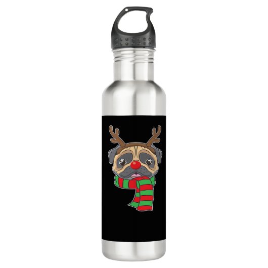 Funny Christmas Dog Xmas Reindeer Pug Holiday Gift Waterfles (Voorkant)