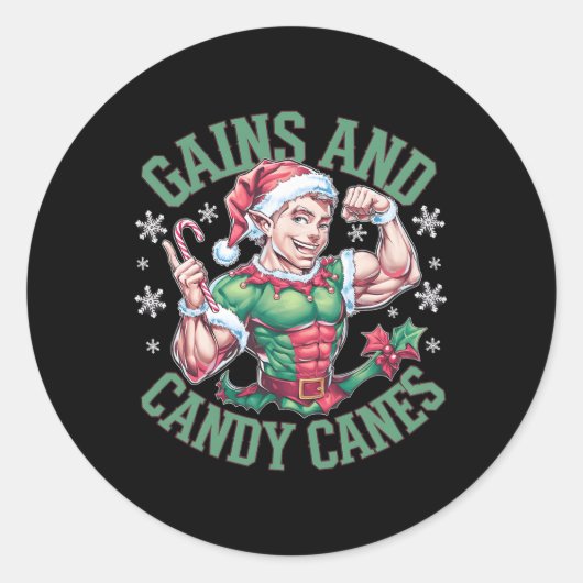 Funny Christmas Elf Gym Workout Gains And Candy Ca Ronde Sticker (Voorkant)