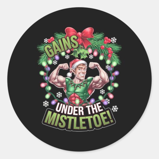 Funny Christmas Elf Gym Workout Gains Under The Mi Ronde Sticker (Voorkant)