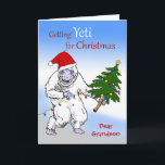 Funny Christmas for Grandson, Are You Yeti Yet? Feestdagen Kaart<br><div class="desc">Funny Christmas for Grandson, Are you Yeti yet? Snowman is een gruwel. Dit is een illustratie van de Abominable Snowman / Yeti stringing the Christmas lights on the tree. Cold winter scene illustration features a Yeti with cold pink cheeks and toes wearing a Santa hat and decorating its Christmas tree....</div>