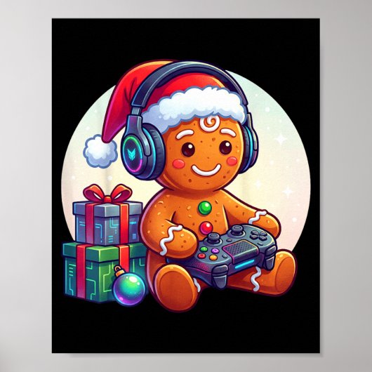 Funny Christmas Gamer Gingerbread Xmas Gaming Men  Poster (Voorkant)